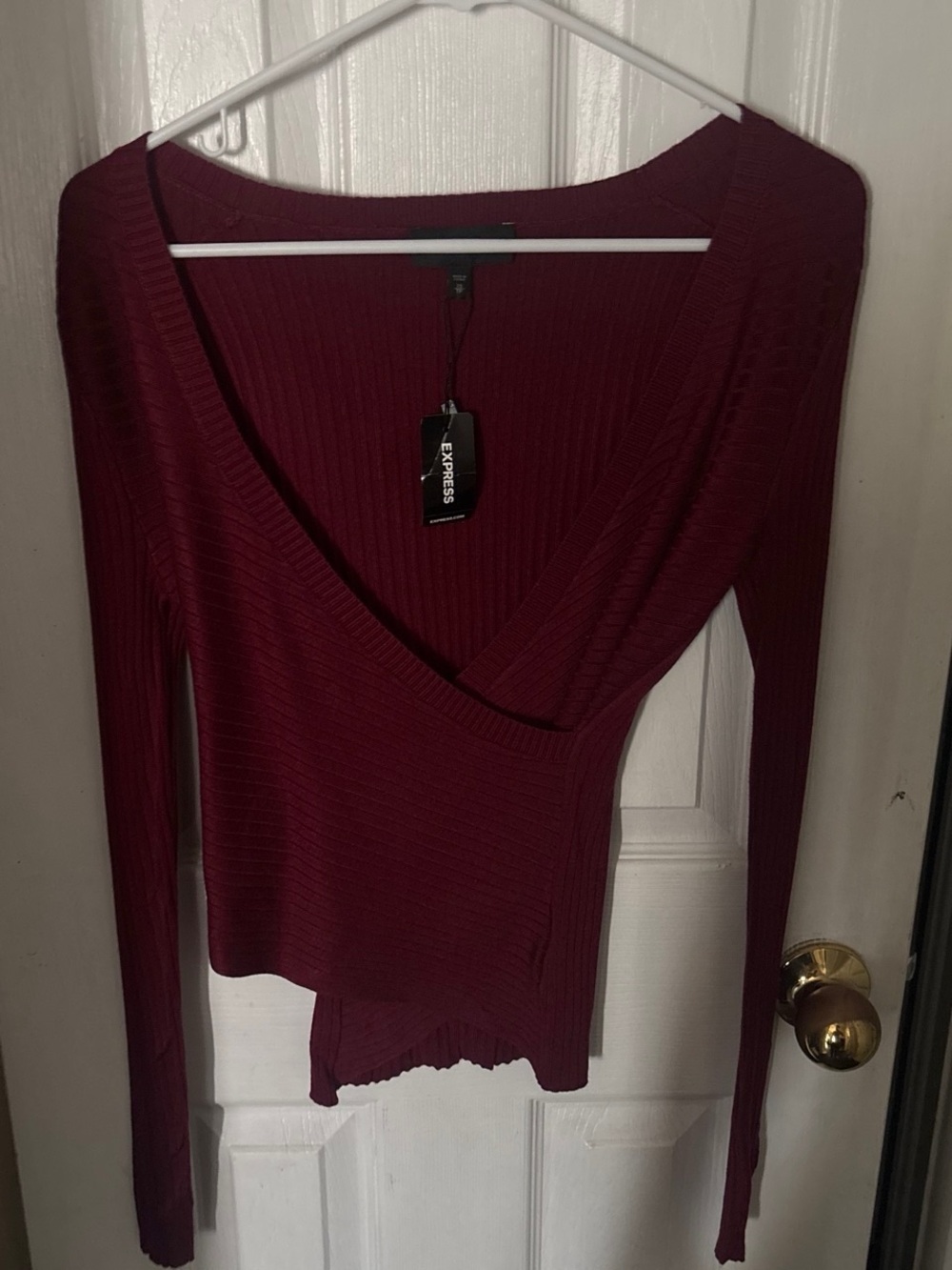 Express Wine Ribbed Wrap-Front Long Sleeve Top